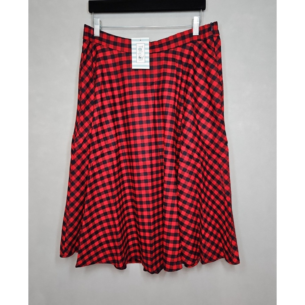 Tulip B Womens Red Black Buffalo Plaid A Line Midi Skirt w/ Pockets Size XL NWT